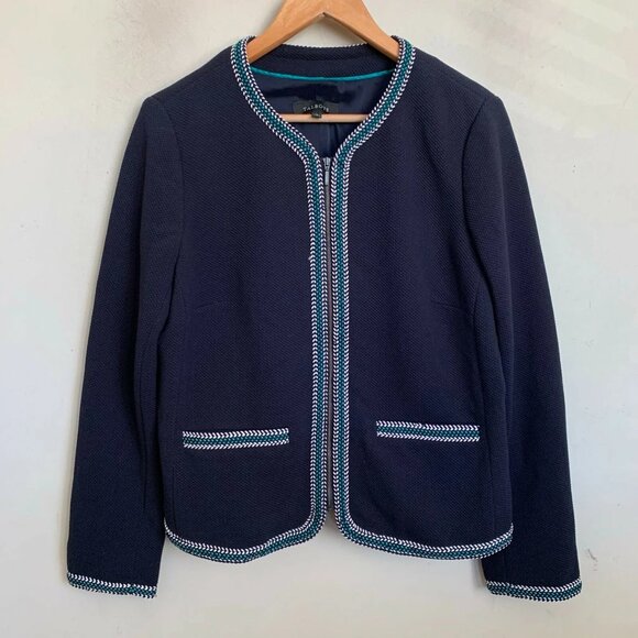 Talbots Jacket Navy Blue Collarless Tweed Zip Front Trim Lined Pockets - Picture 1 of 8